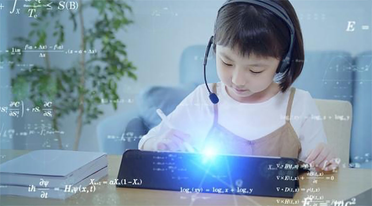 Little girl on tablet with equations
