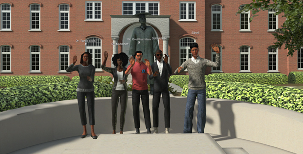 Students outside campus building in VR metaverse