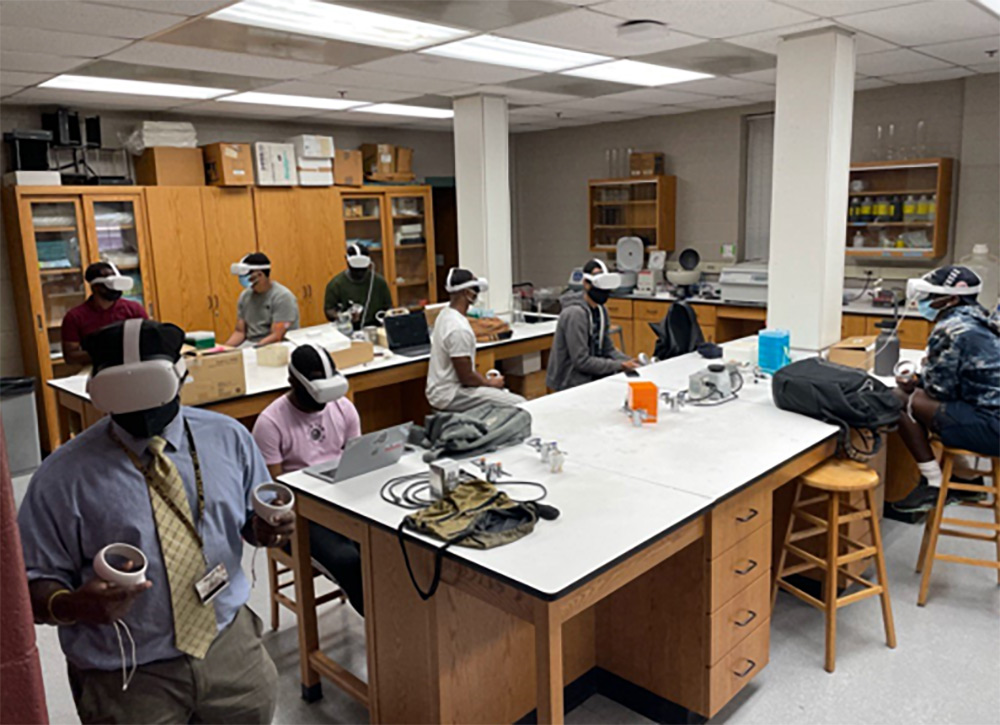 Students in school lab using VR headsets