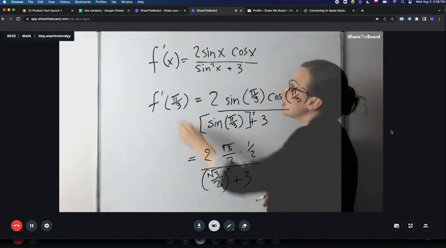 computer screen shot of a ShareTheBoard zoom call featuring a woman doing a math equation