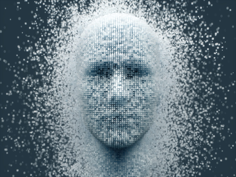 three dimensional face being created with small white pixelated blocks