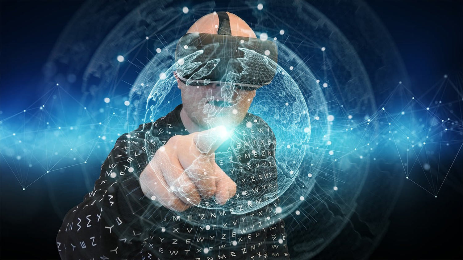 a man wearing VR goggles interacts with a holographic globe