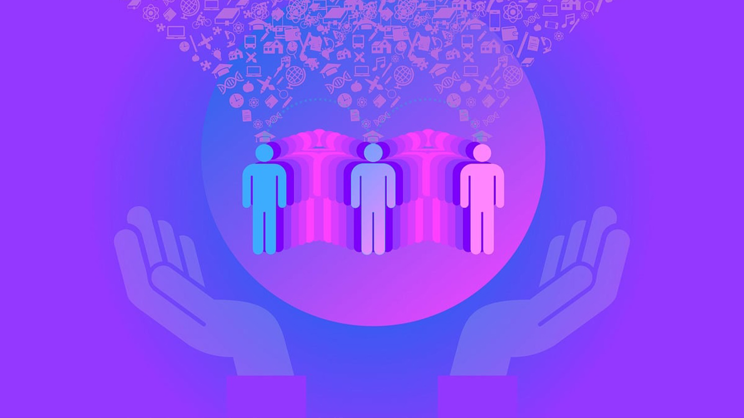 digital illustration of three male bathroom stick figures with many icons funneling into their head, the figures are contained in a circle floating above open computer cursor hands 