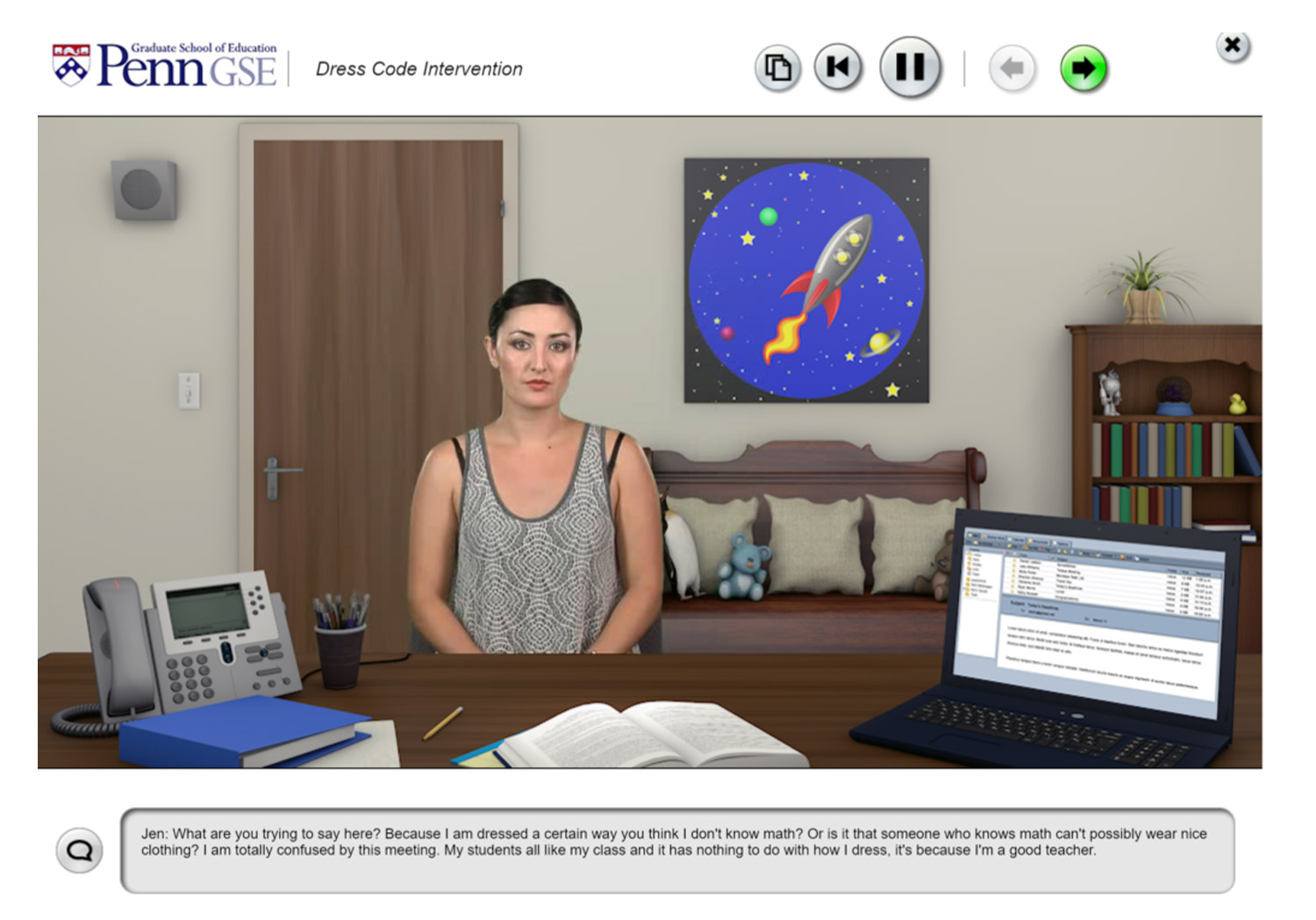 screen capture image from a Penn Graduate School of Education Dress Code Intervention simulation showing a woman wearing a halter top sitting the other side of an office desk