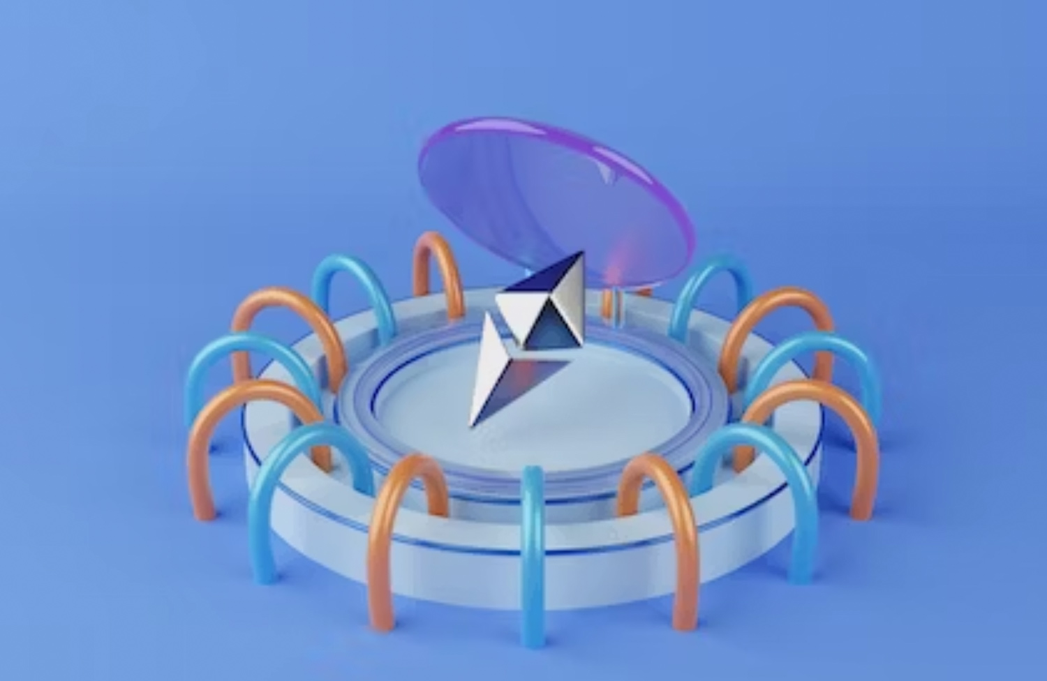 digital art of a circular form with its outer perimeter covered by orange and blue arches, in the center is a metallic like triangular form and abovee the form is a transparent purple disc