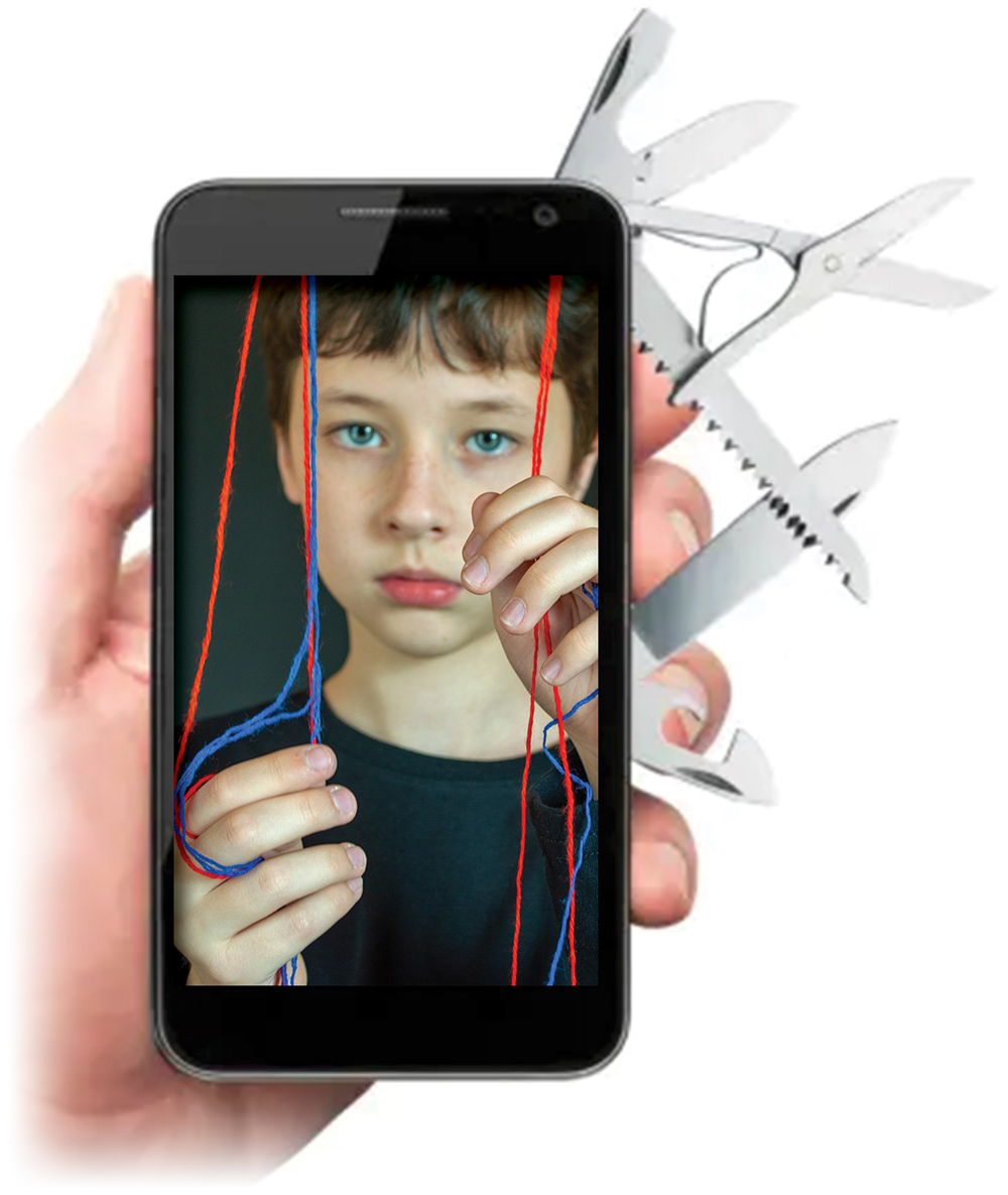 Swiss army knife phone with picture of child holding strings on screen