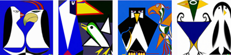 four images of a penguin and eagle created by DALL-E in the style of Picasso