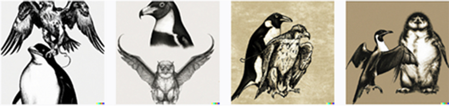 four images of a penguin and eagle created by DALL-E in the style of Leonardo da Vinci