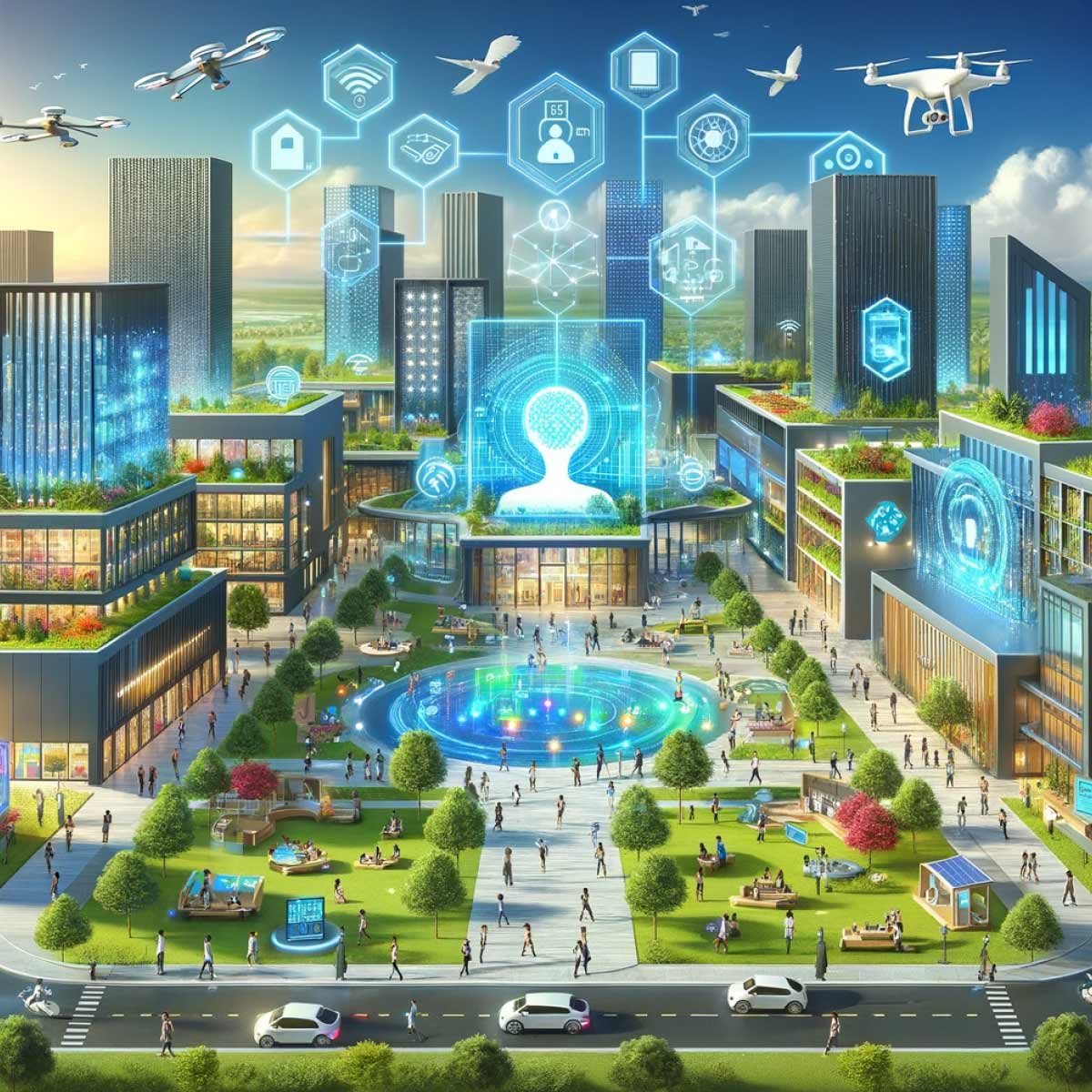 Colorful illustration of a technological city with AI icons over the city park and drones in the air