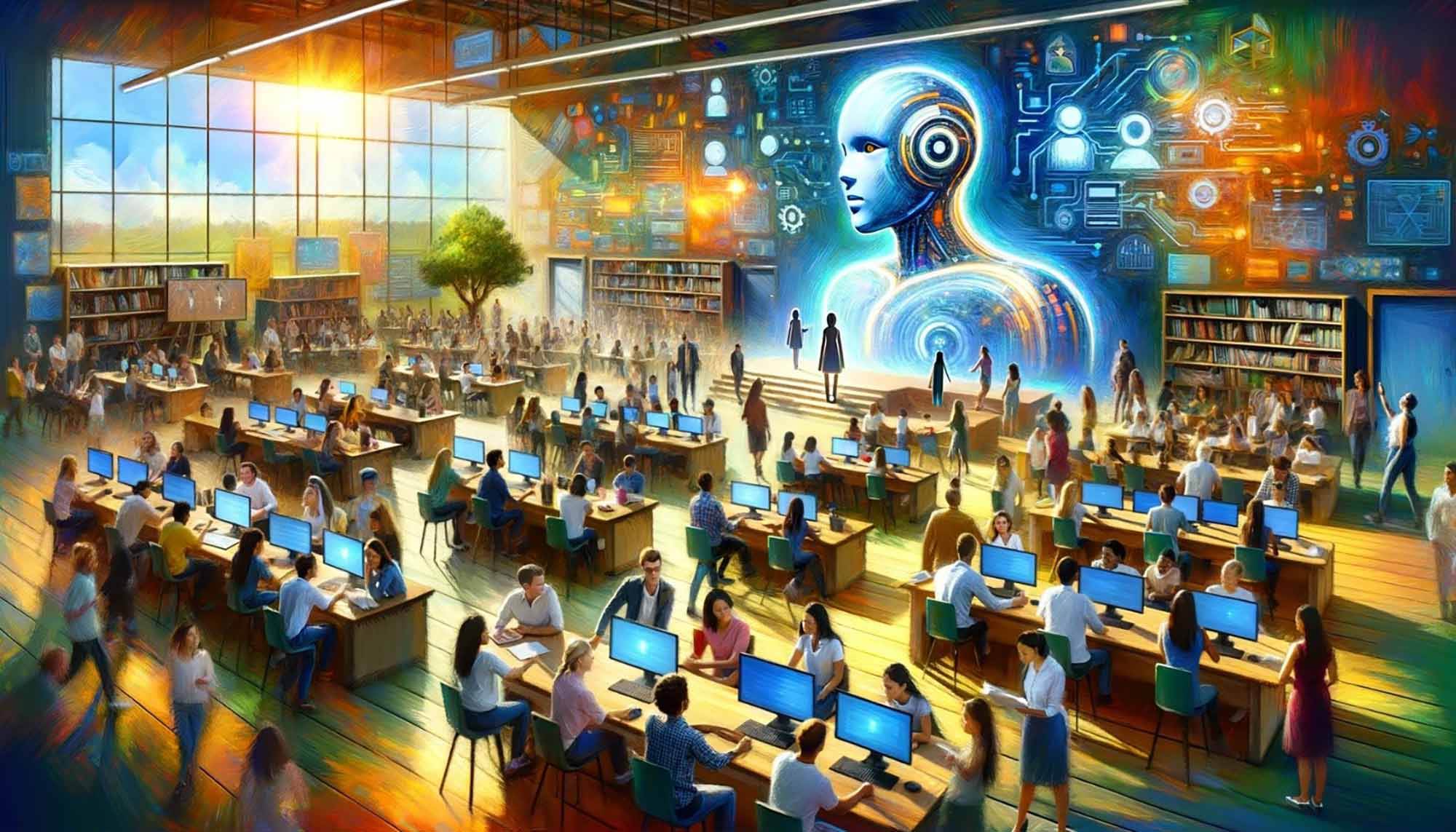 AI art of people sitting in a room full of computers with a cyborg illustration at the front of the room