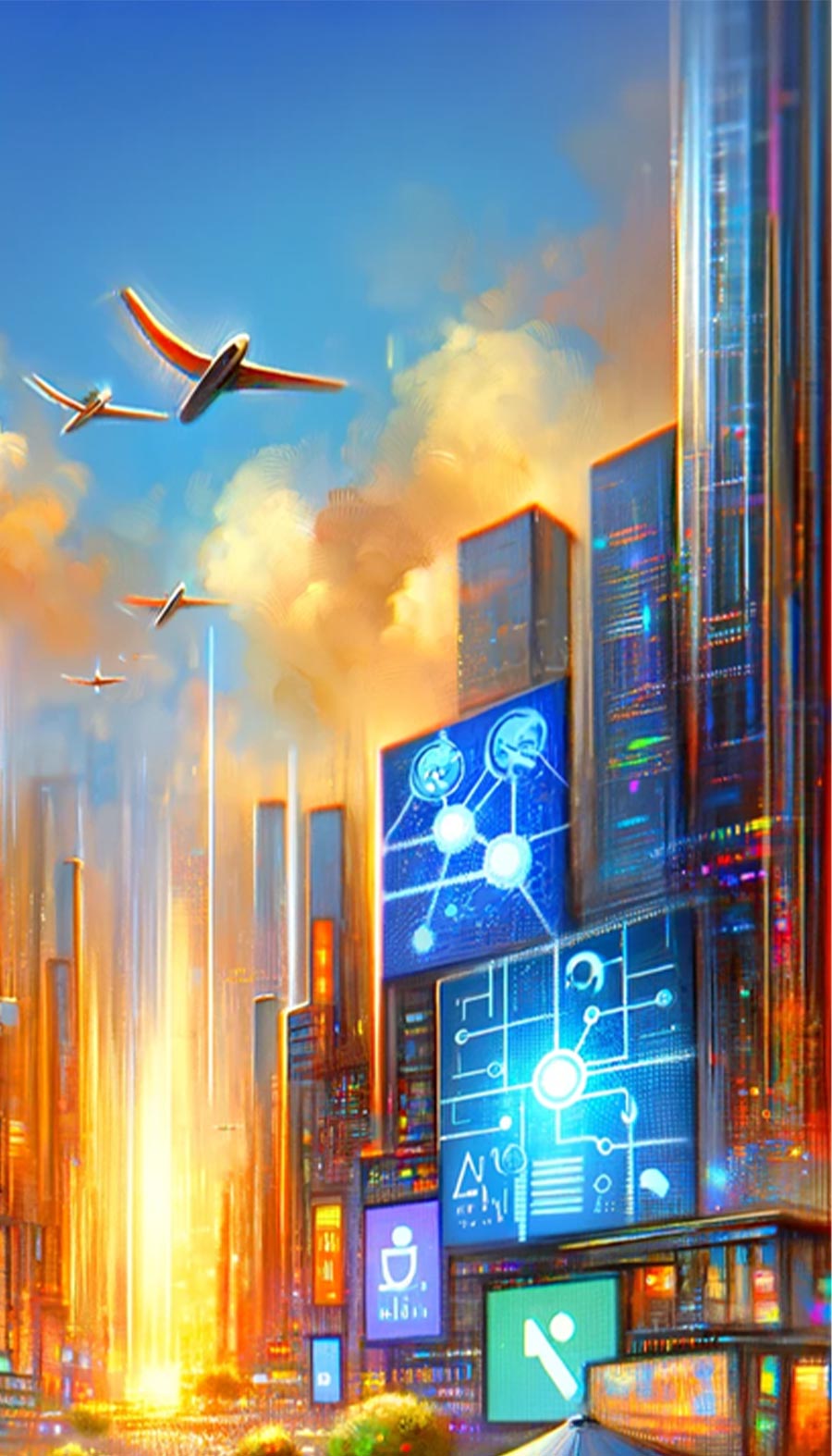 AI art of a futuristic city with planes flying overhead