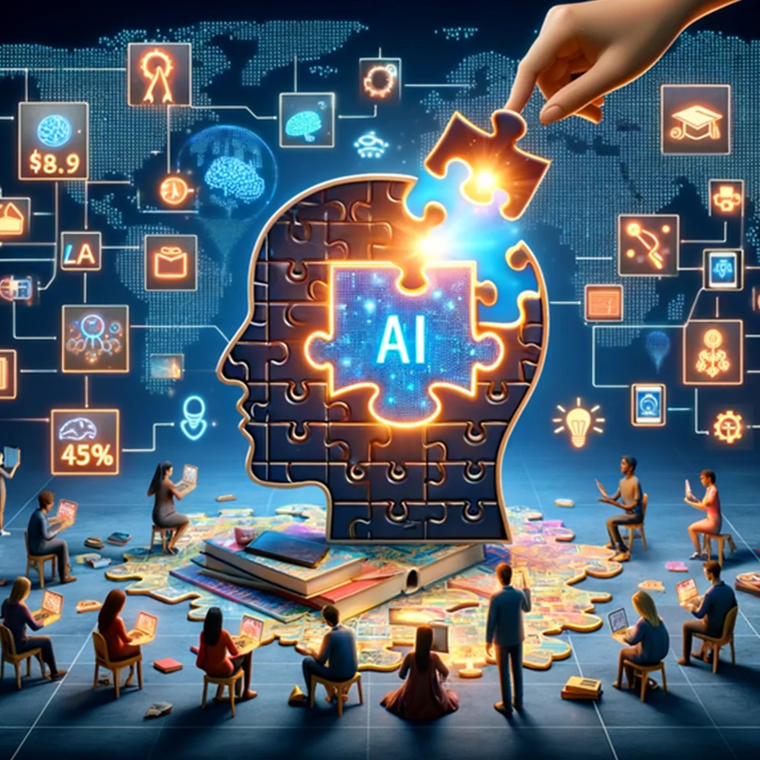 digital illustration of a large human profile made of puzzle pieces with a central piece largest and glowing with the letters A.I. in the middle, different glowing icons representing all many aspects of life as people with laptops sit in chairs around the large profile, their faces being lit by its glow